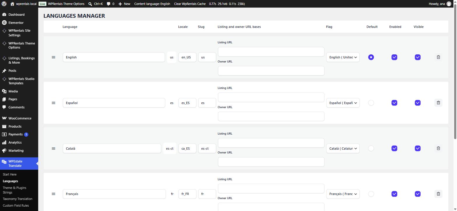 The Languages Manager in WPEstate Translate, listing English, Espanol, Catala and Francais with locale, slug, URL base and flag for each.