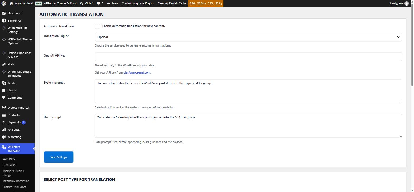 The Automatic Translation settings screen with a translation engine selector and API key field.