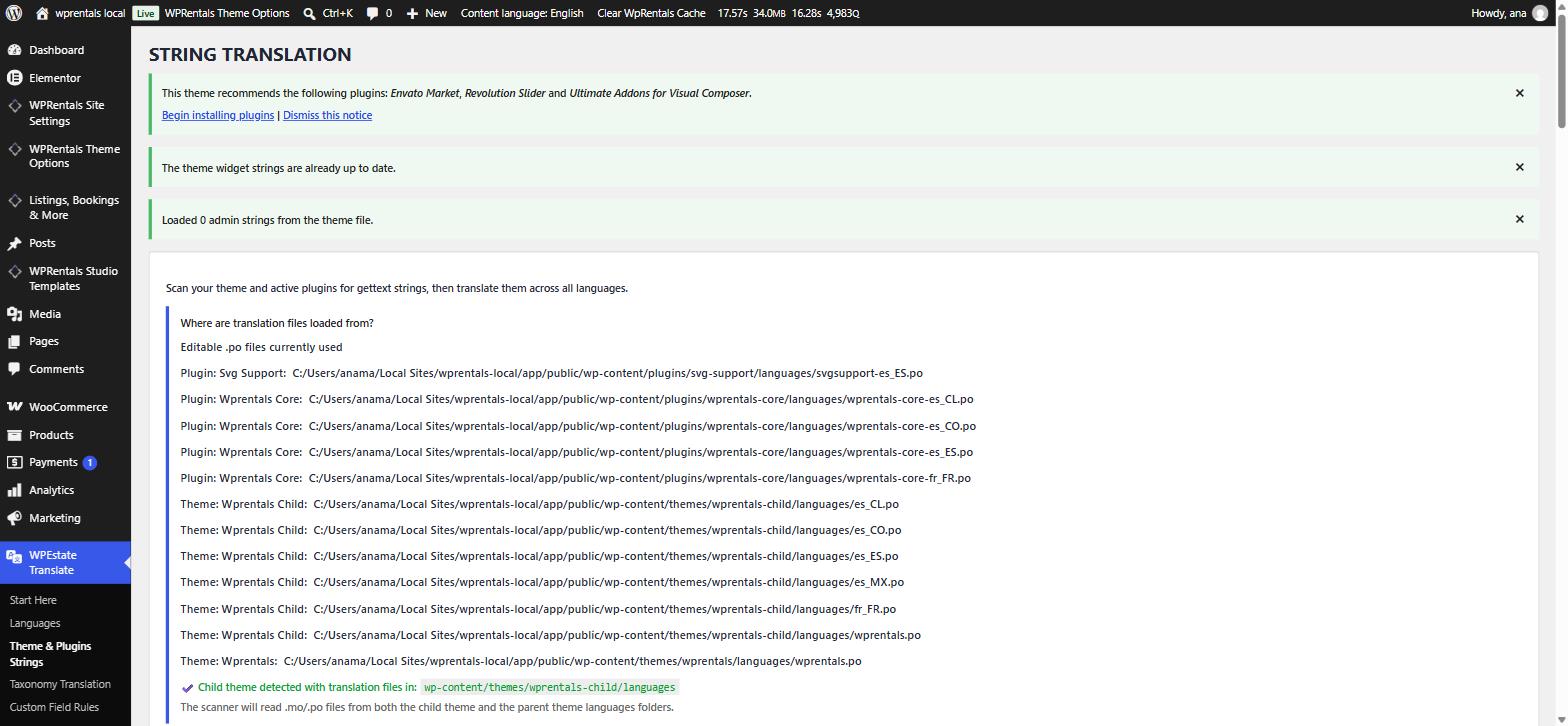 The String Translation screen showing theme strings with a translation field for each language.