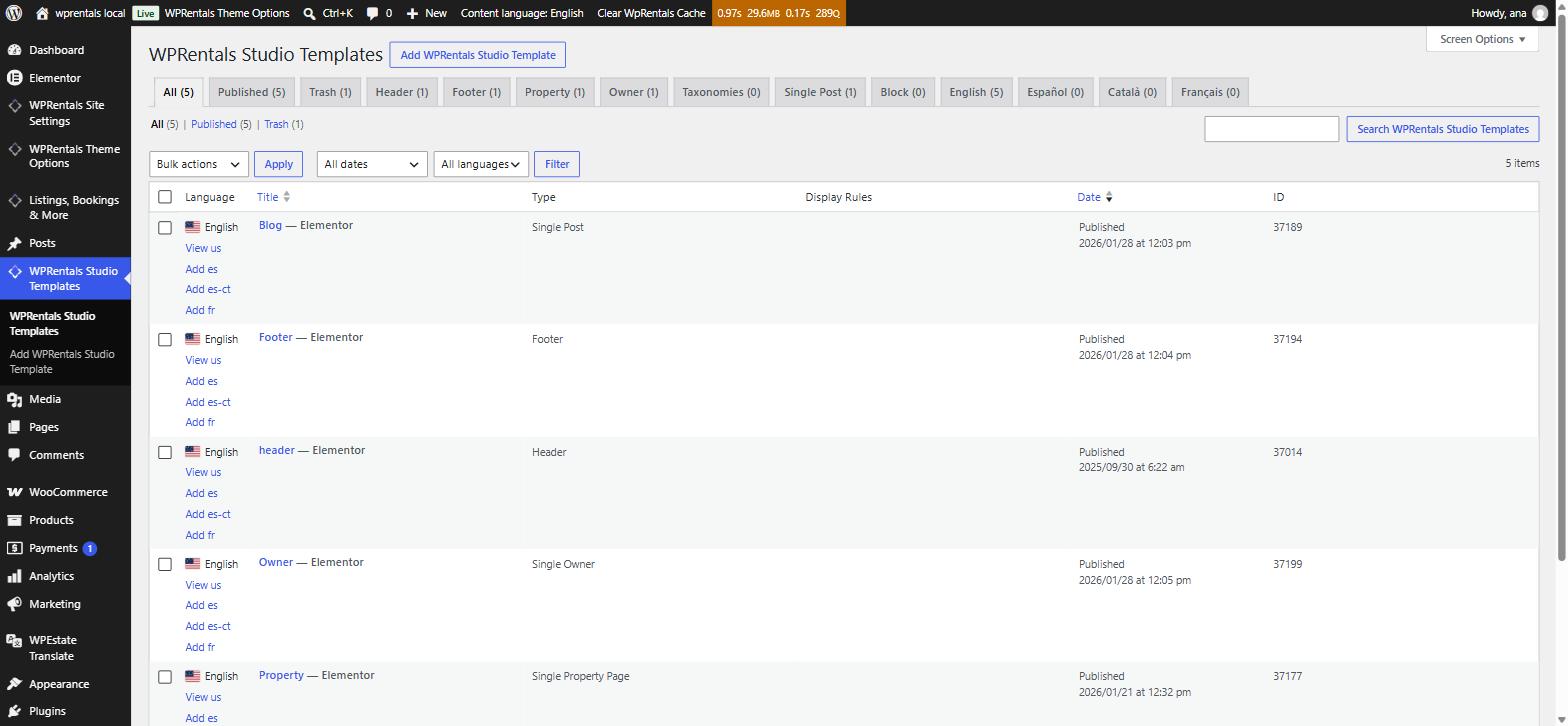 The WPRentals Studio Templates list showing templates for Single Post, Footer, Header, Single Owner and Single Property Page, with a language column and per-language filter tabs.