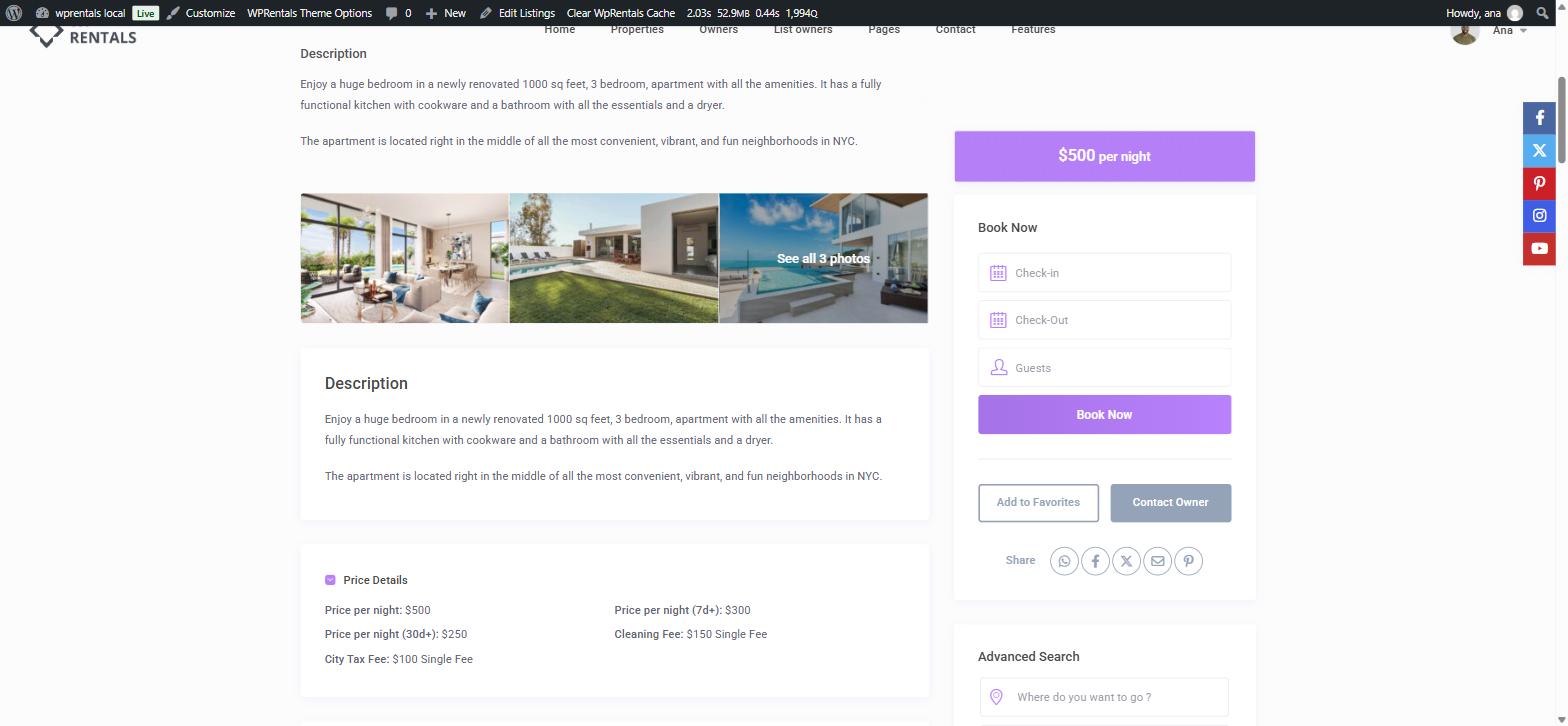 A single property page showing the Book Now widget with Check-in, Check-Out and Guests fields.