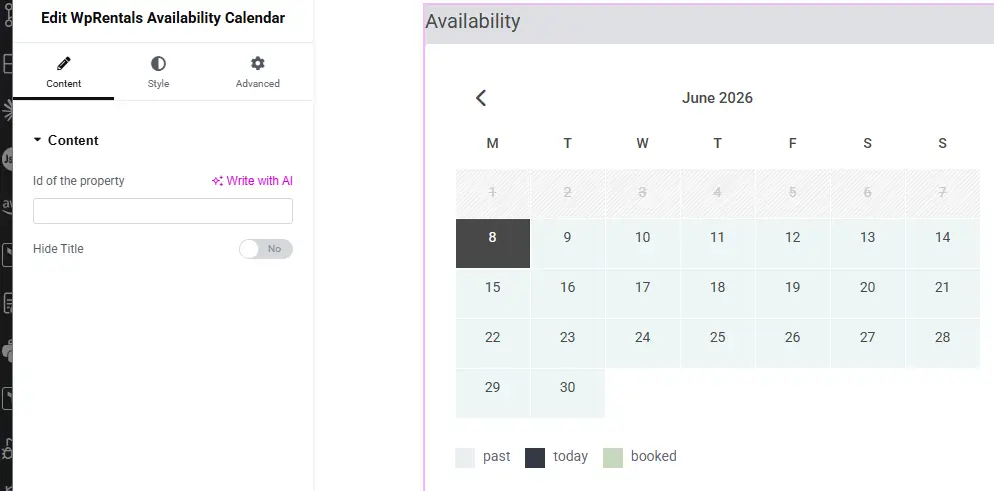 elementor avalability calendar