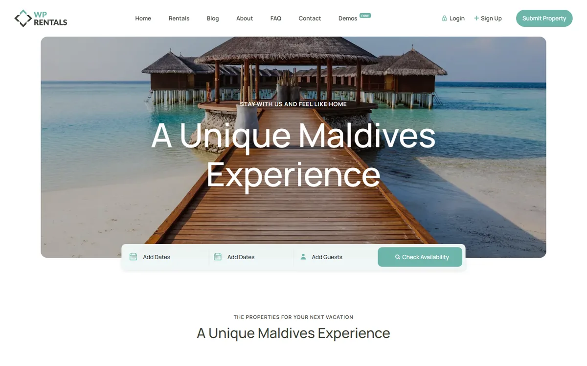 WPRentals Maldives demo homepage showing an overwater beachfront hero with the check-availability date and guest search bar