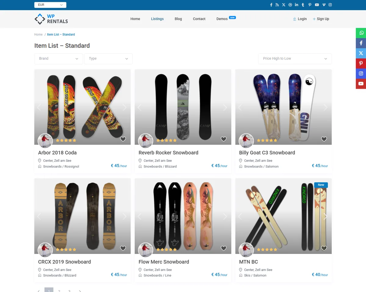 WPRentals Skirent demo showing an equipment hire item list priced per hour rather than per night