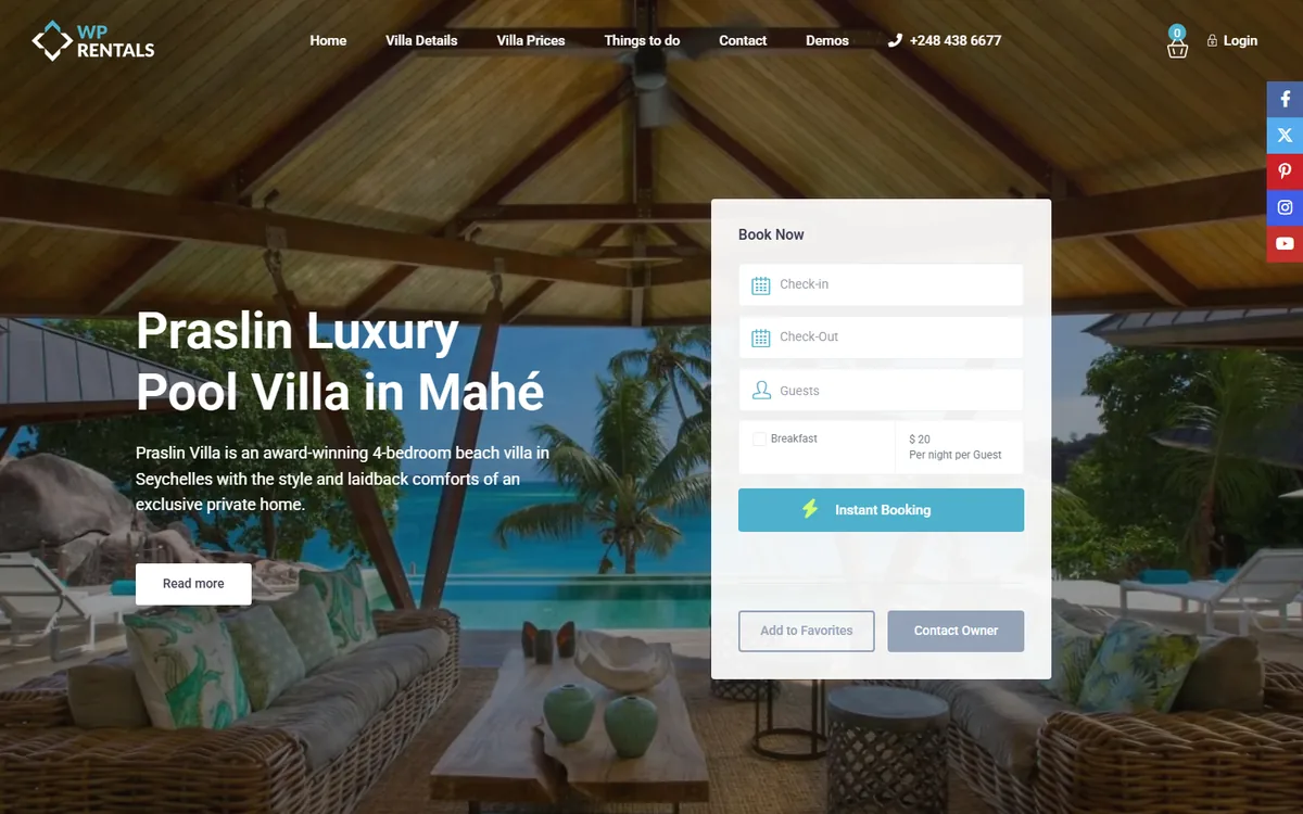 WPRentals Solo demo homepage showing the full-screen hero and embedded booking widget for a single holiday let property