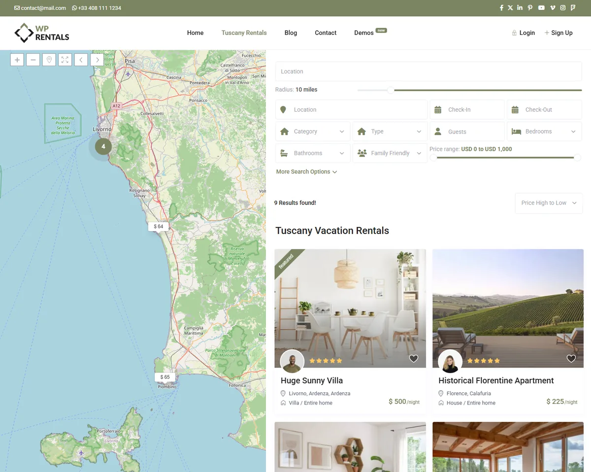 WPRentals Tuscany demo showing the half-map property grid and search filters, suitable for a UK cottage estate or French gite website