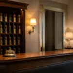 Boutique hotel reception desk with a wooden rack of numbered room keys and a brass service bell