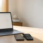 Laptop showing a monthly booking calendar beside a smartphone and a card payment terminal on a sunlit desk