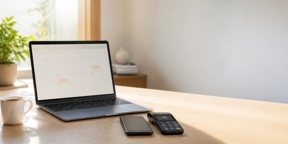 Laptop showing a monthly booking calendar beside a smartphone and a card payment terminal on a sunlit desk
