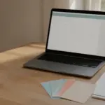 Laptop on a sunlit wooden desk showing a blank monthly calendar grid, beside a paper wall planner and a fan of colour-coded booking cards