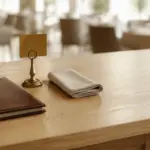 Closed leather reservation book, brass table-number stand and folded napkin on a pale oak host counter, with a softly blurred dining room behind